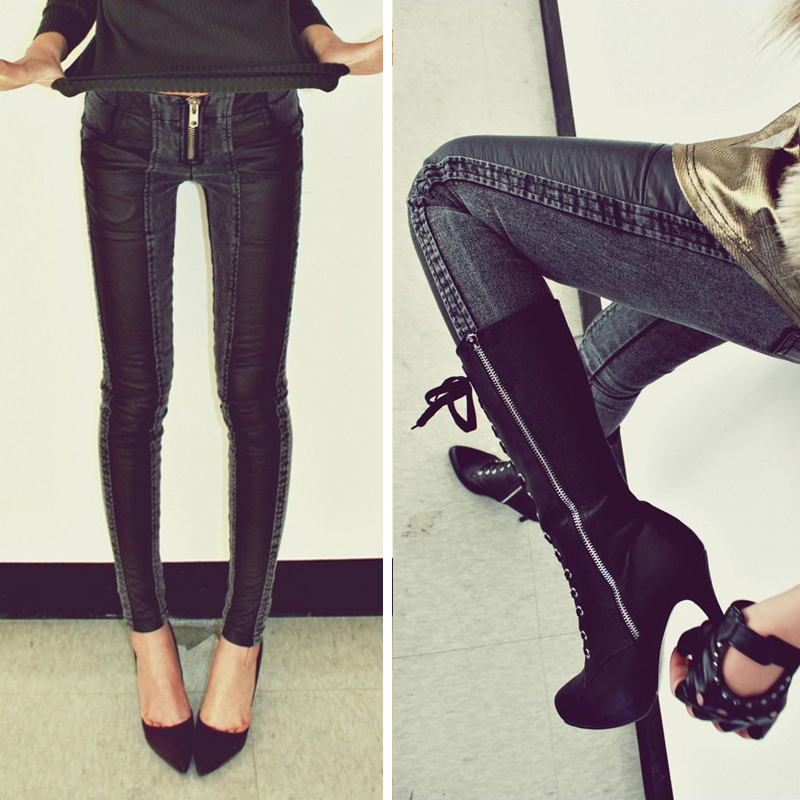 Free shipping 2013 new arrival women patchwork tight skinny jeans trousers mid-waist pencil pants patchwork pu jeans