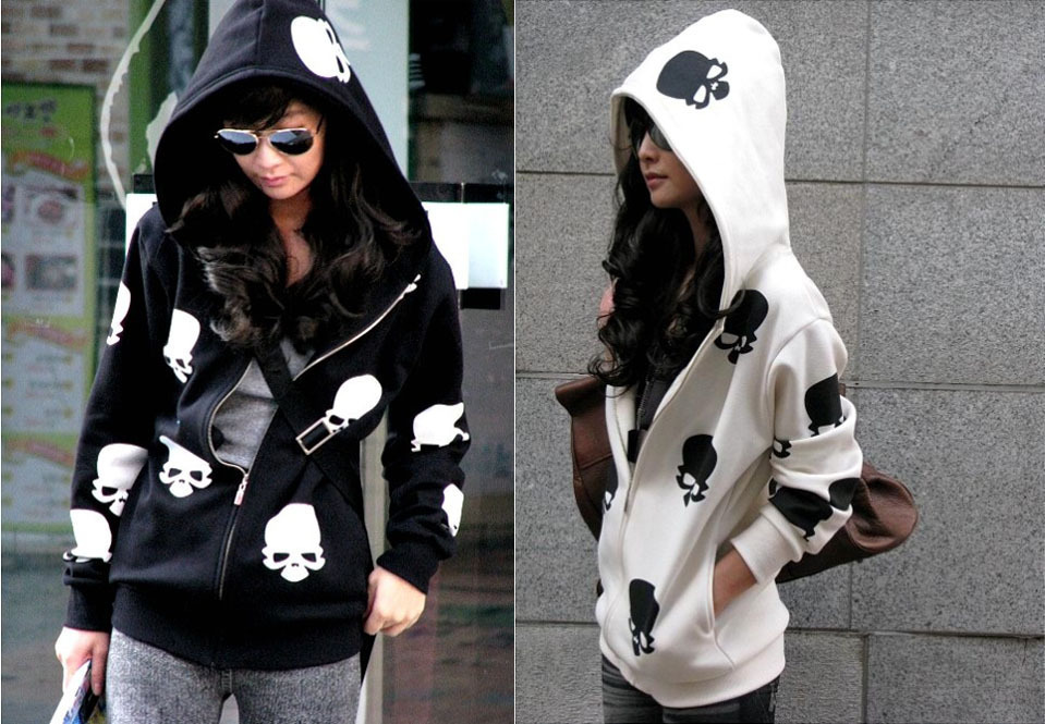 FREE SHIPPING 2013 New Arrival Women's casual loose wear hooded skull zipper sweatshirt skeleton coat top Outwear hoodie