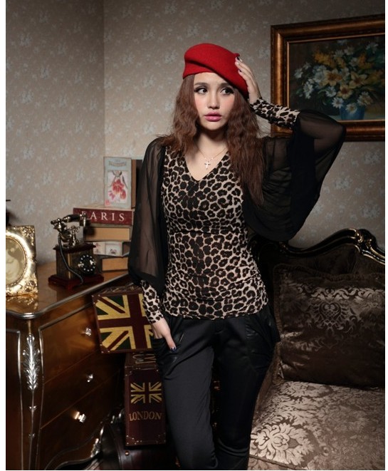 Free shipping 2013 new arrival women's fashion leopard print shirt long-sleeve low collar slim lantern sleeve chiffon shirt