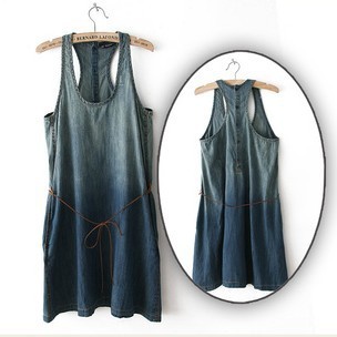 Free shipping 2013 New Arrival Womens Leather Cord Waist Cotton Denim Sling Sleeveless Women's dressdenim skirt