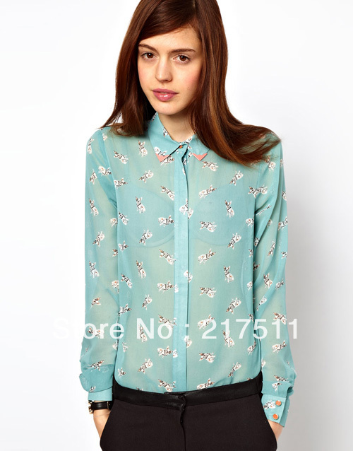 Free Shipping 2013 New Arrive European Fashion Women Blouse Chiffon Shirt Cute Animal Dogs Print Long Sleeve Shirts Slim Tops h5