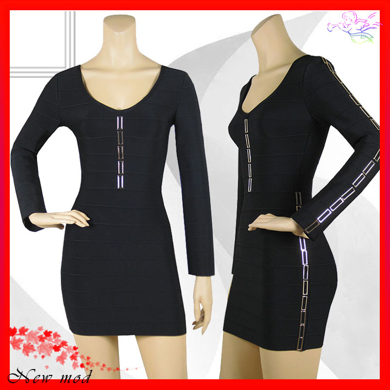 Free shipping 2013 New Black long sleeve bandage dress fashion dress cocktail prom dress+High Quality+Fast Delivery