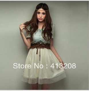 Free shipping 2013 new brands Denim&Chiffon Vintage princess ladies' dresses women's O-neck skirt clothings wholesaler