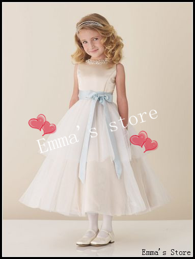 Free Shipping 2013 New Cheap Sparkle A-Line Poretrait Bateall Mini Ankle-Length Beaded Bow Sashes Organza Flower Girl's Dresses