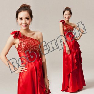 Free Shipping! 2013 New! Chinese Sexy one-shoulder Beaded Stretch Satin Red Color Evening Wedding long party club Dresses