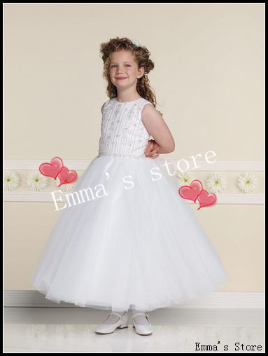 Free Shipping 2013 New Cute Custom Made Low Price A-Line Jewel Mini Ankle-Length Organza Beaded Ruffled Flower Girl's Dresses