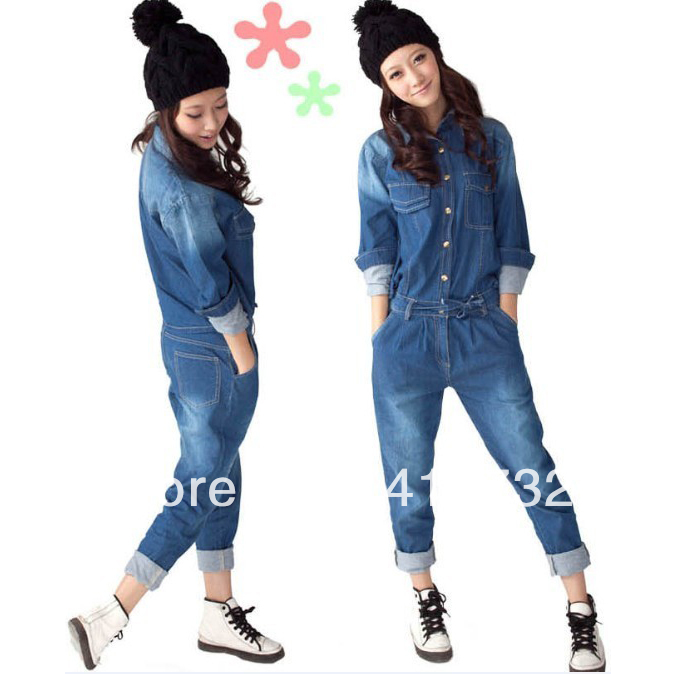 Free Shipping 2013 New Denim Jumpsuit For Women Detachable Overalls With Long Sleeve Spring And Autumn Casual Jeans Trousers