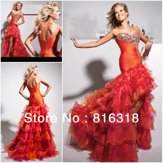 Free Shipping 2013 New Design A-Line Sweetheart Pleated Beaded Red Organza High Low Prom Dress 100% Guarantee Satisfaction