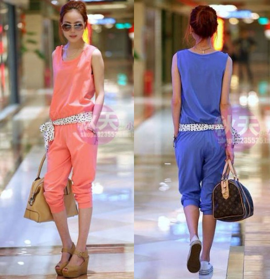 Free shipping 2013 new design sleeveless fashion casual jumpsuit with belt.Color: blue, pink. Size: M, L