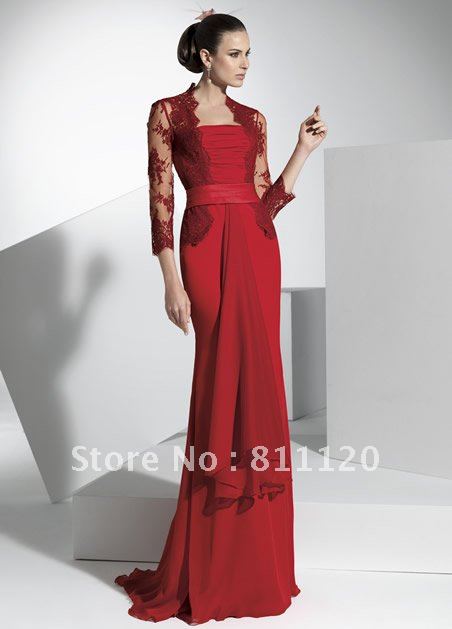 Free Shipping! 2013 New Design! Top Seller Fashion Red Long Sleeve Chiffon Evening Dress Evening Gown ED969