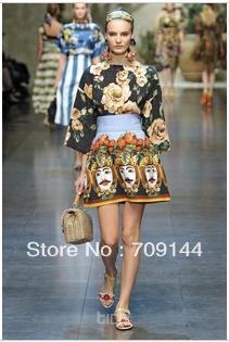 Free Shipping 2013 New Dgital Pinting Skirt Suit Top + half-skirt Women Dress S M L
