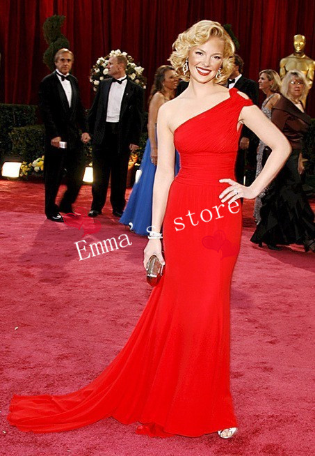 Free Shipping 2013 New Emma Exquisite Simple Designer A-Line One-Shoulder Bow Chiffon Red Ladie's Evening Prom Celebrate Dress