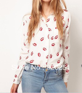 free shipping 2013 new Europe and America style lip print shirt of women long-sleeved shirt  a607  of