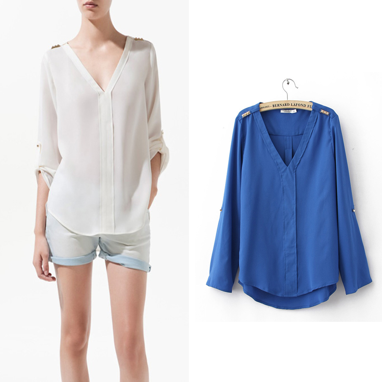 Free Shipping 2013 New European And American Wind Shoulder Rivets Decorative Chiffon V-neck Long-sleeved Shirt