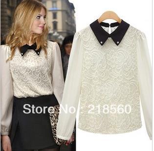Free Shipping 2013 New Fashion American Style Lace chiffon shirt/ set with diamonds Turn-down Collar Long-sleeve Blouse C-0029