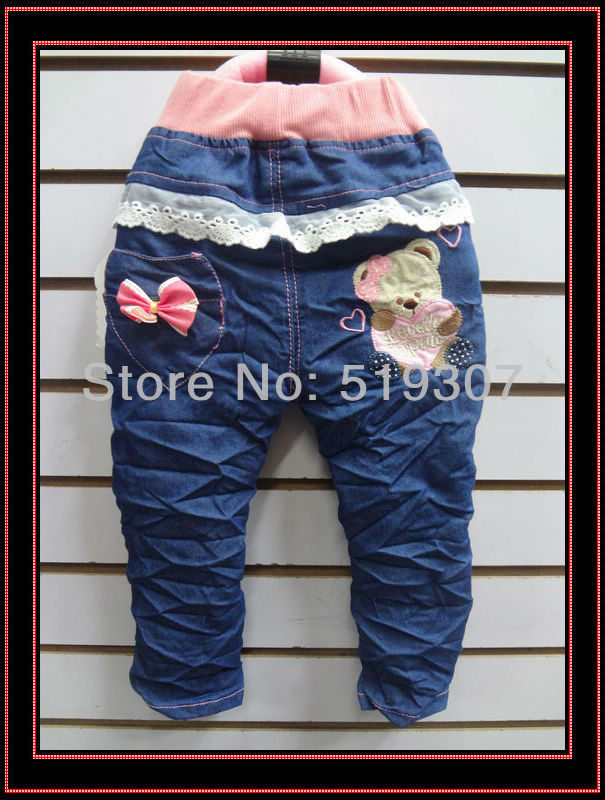 Free Shipping 2013 New Fashion Causal Spring/ Autumn Kids Girls Little Bears Loves Printing(4PCS/LOT) Denim Lace Jeans Wholesale