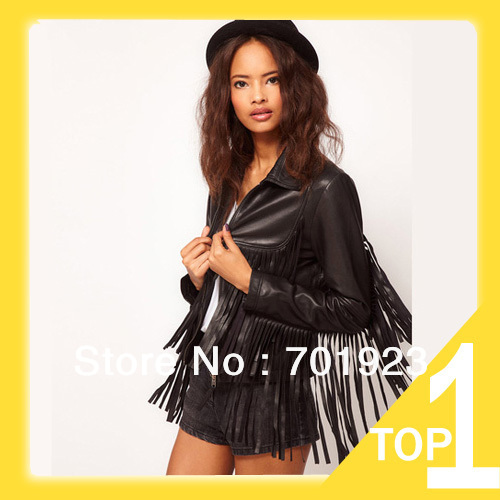 free shipping 2013 new fashion chic ladies women  tassel faux leather black jacket coat XS,S,M,L,XL,XXL  Y7329