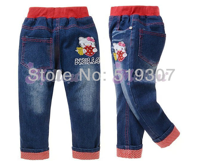 Free Shipping 2013 New Fashion Cute Cartoon Hello Kitty Girls Printing  Kids Denim Panted (5PCS/LOT) Cotton Jeans Wholesale