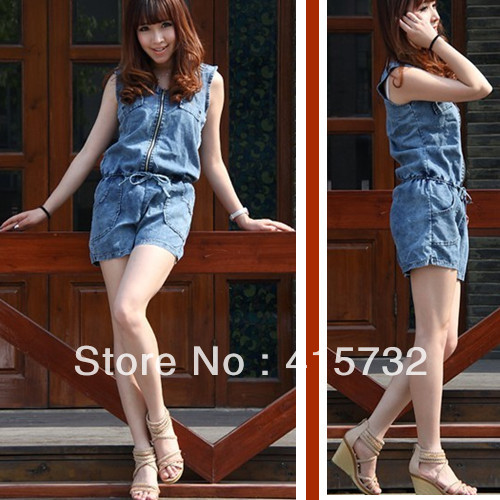 Free Shipping 2013 New Fashion Denim Overall Shorts Summer Rompers Women's Jumpsuit Preppy Style Jeans Suspenders With Zipper