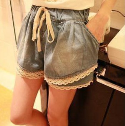 Free Shipping 2013 New Fashion Denim Shorts Women Lace Patckwork Elastic Waist Jeans Shorts Casual Wear IRIS Knitting DK-002