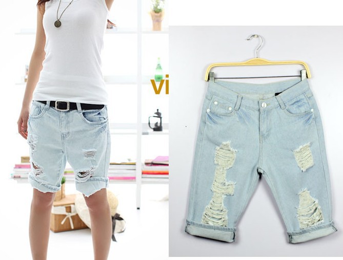 Free Shipping 2013 New Fashion Dog Pattern Embroidery Pocket Jeans Women Hole Short Denim Short Pants