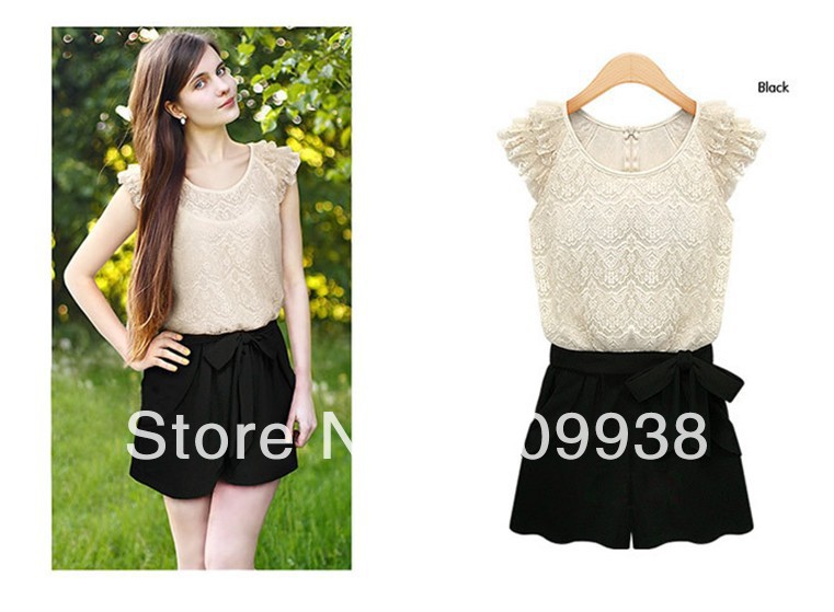 Free shipping!!2013 new fashion dots dress, lace black dress knee length culotte, casual summer dress  T485