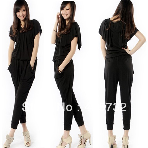 Free Shipping 2013 New Fashion Jumpsuits Rompers For Women Summer Harem Pants Black Loose Discount Black Short Sleeve Jumpsuit