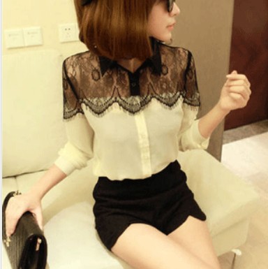 Free Shipping 2013 New Fashion Lace Patchwork Chiffon Shirts For Women Long Sleeve Blouses Lady Tops TS-123
