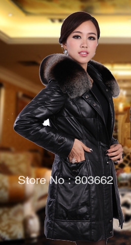 Free shipping,2013 New Fashion Leather coat large fox fur sheepskin genuine leather down coat for women 0188-1