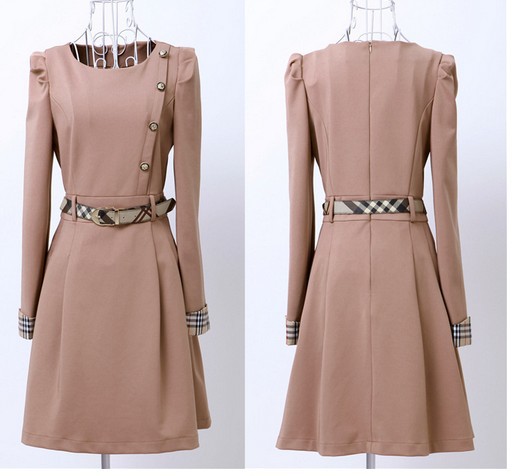 free shipping 2013 new fashion long sleeve cotton o neck plaid sashes slim elegant dress women's pleated buttons  princess skirt