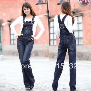 Free Shipping 2013 New Fashion Plus Size Denim Bib Pants Women Loose Suspenders Jeans Overall Jumpsuit Straight Rompers Trousers