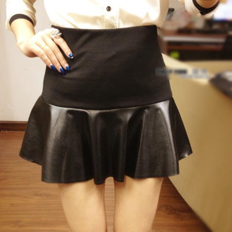 Free Shipping 2013 New Fashion PU Leather Patchwork Ruffles Sexy Clubwear Woman Pleated Skirt  Black