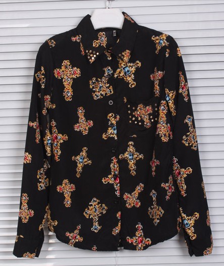 Free Shipping 2013 New Fashion Rivet Cross Shirts For Women Long Sleeve Studs Printed Chiffon Blouse Vintage Tops Tees TS-134