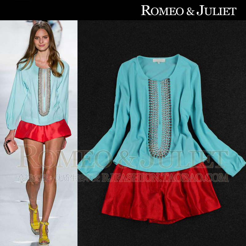 Free shipping! 2013 new fashion spring and summer shirt  beaded o-neck long-sleeve top shorts twinset 0426