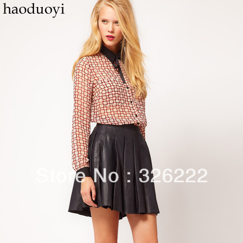 Free shipping 2013 new fashion summer black pu leather pleated  short skirts wholesale and retail