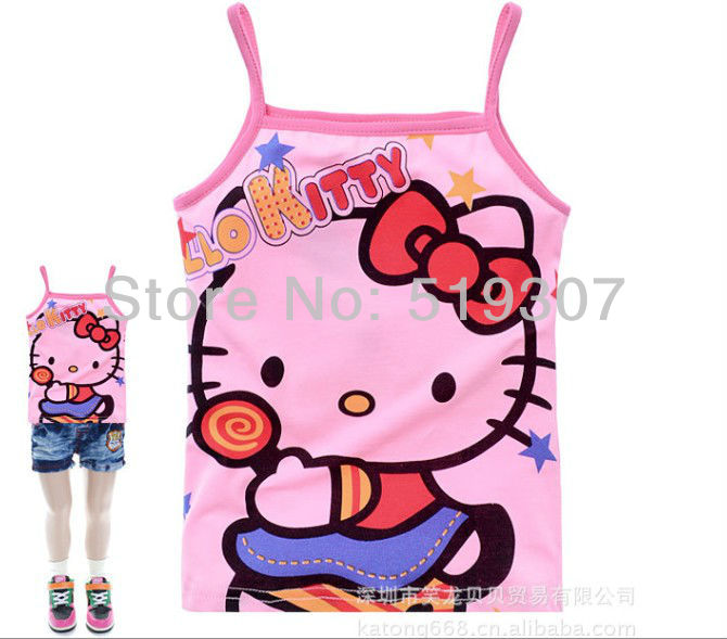 Free Shipping 2013 New Fashion Summer Hiigh Quality Pink (5 pcs/lot) Caroon Printing Hello Kitty Full Cotton Camisoles Wholesale
