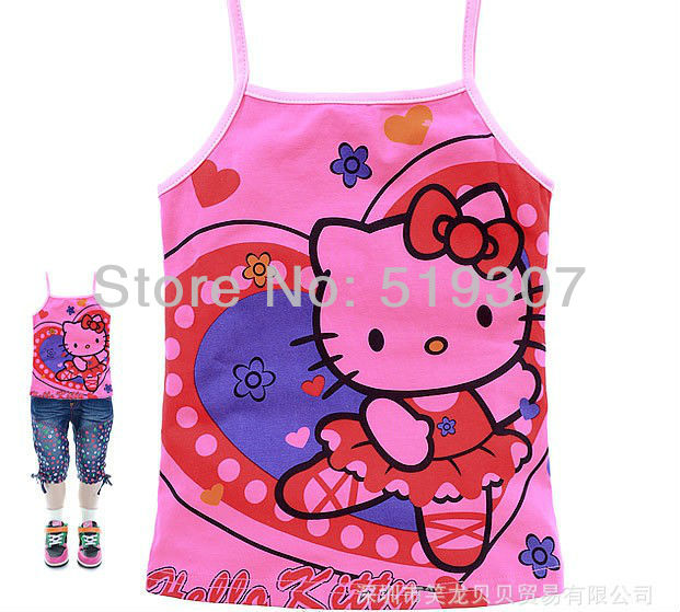 Free Shipping 2013 New Fashion Summer Loose Pink (5 pcs/lot) Caroon Printing Hello Kitty Full Cotton Camisoles Wholesale
