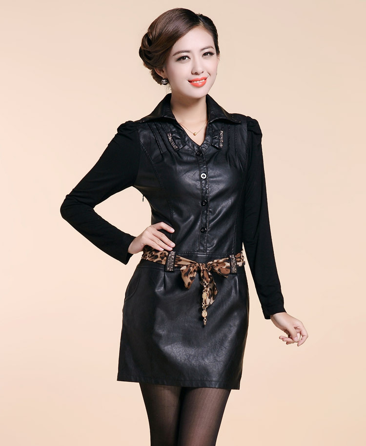 Free Shipping 2013 New fashion Western style women genuine sheepskin leather dress slim sexy splicing leather dress black M-4XL