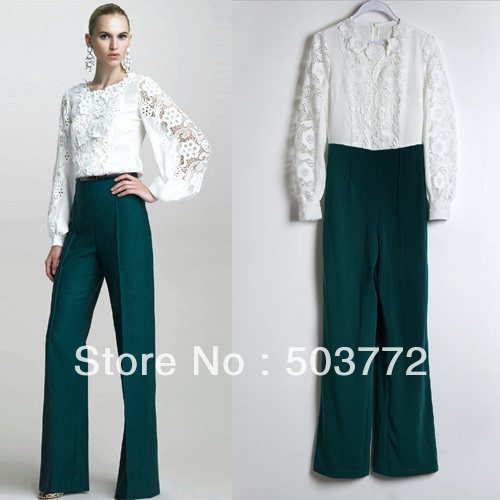 Free shipping 2013 New Fashion Women Jumpsuit White+Green Patchwork Romper long Wide-leg Jumpsuit OL Lace fashion LV130326