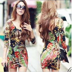 free shipping 2013 new fashion women's double V-neck sexy cotton dress, flowers print casual dress, dresses