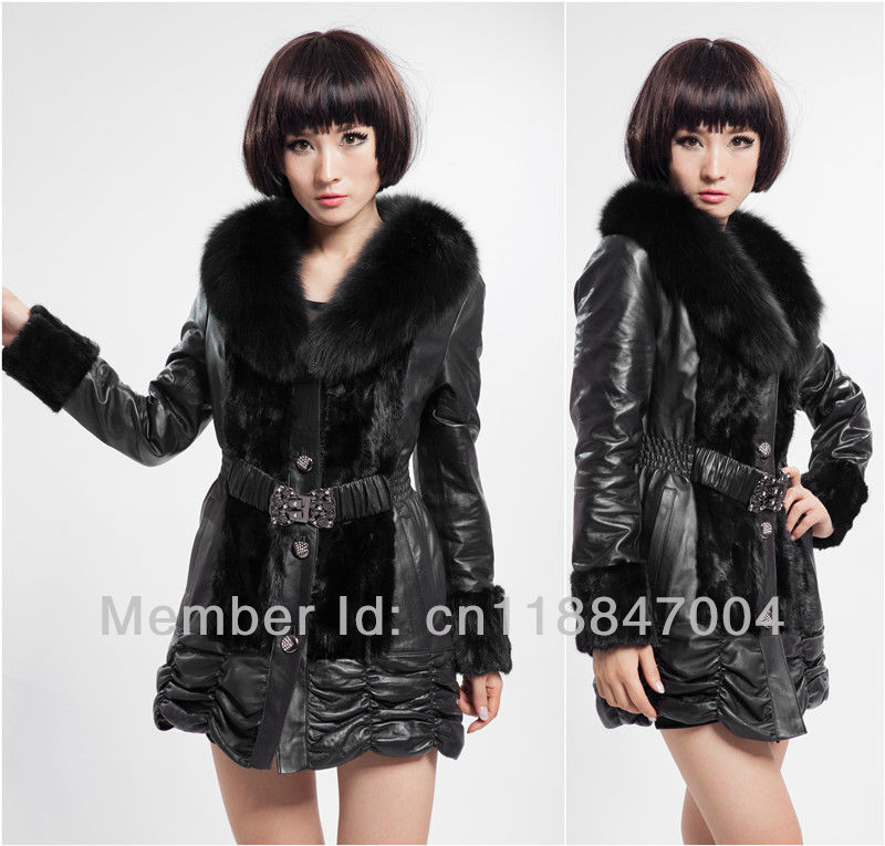 Free Shipping 2013 New  Fashion Women's Genuine Sheepskin Leather  Jacket Cotton Filling With  Huge Fox Fur Collar Mink Fur1268A