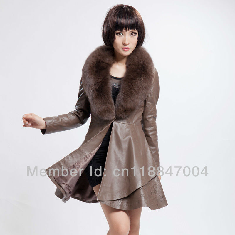 Free Shipping 2013 New  Fashion Women's Genuine Sheepskin Leather   Jacket With Removable Huge Fox Fur Collar