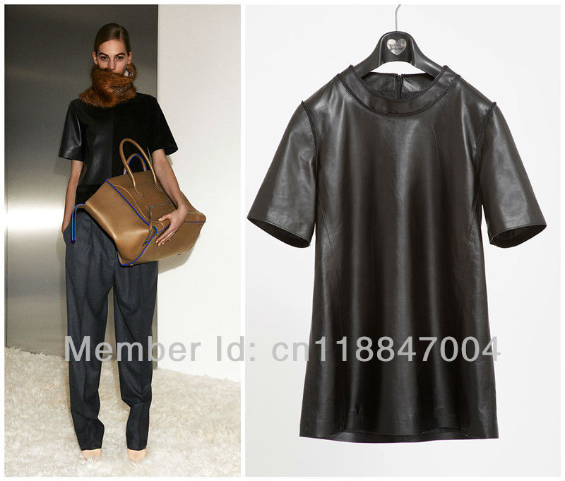 Free Shipping 2013 New  Fashion Women's Genuine Sheepskin Leather  short-sleeved Jacket Long Design Pullover Clothing