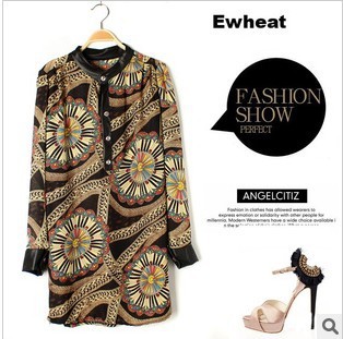 free shipping,2013 new fashion Women's Spring new printed retro PU leather stitching chiffon dress