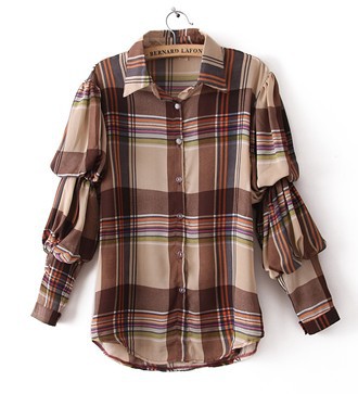 Free Shipping 2013 New Fashion Womens Chiffon Casual Plaid Shirt Ladies Vntage Tee Shirts Women Cute Loose Blouse Tops