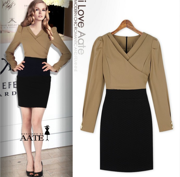 Free Shipping 2013 New Fashion Womens Full Puff Sleeve Cotton Chiffon Patchwork Dress Double V Neck Profession OL Pencil Dress