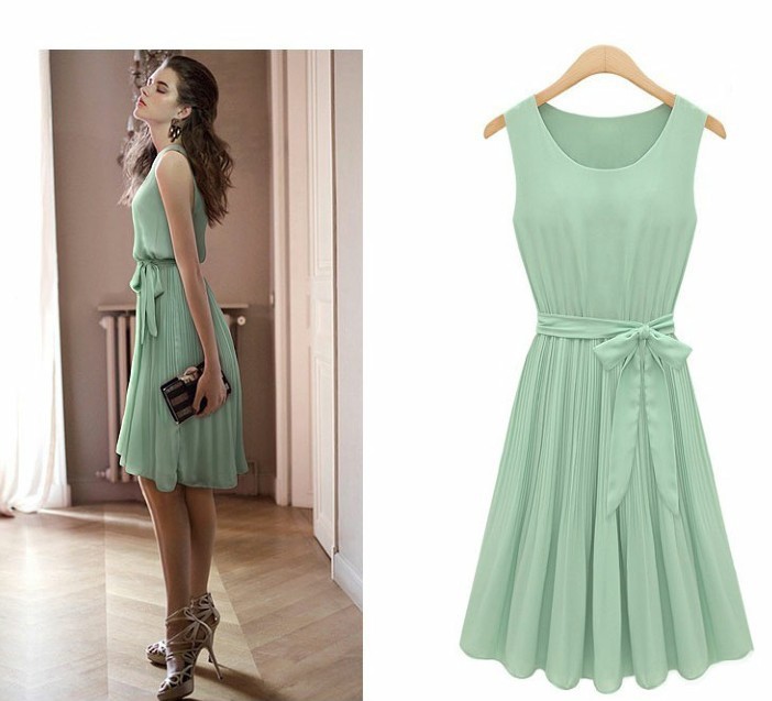 Free Shipping 2013 New Fashion  Womens Lady Elegant Sleeveless Pleated Chiffon Vest Dress  2colors Drop shipping