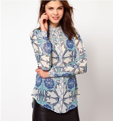 Free Shipping 2013 New Fashion Womens Printing Shirt Blouse Casual Long Sleeve Tops For Ladies
