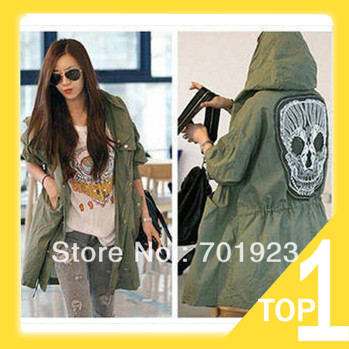 Free Shipping 2013 New Female women Military amy green Button Trench Skull Hooded Coat  Y7084