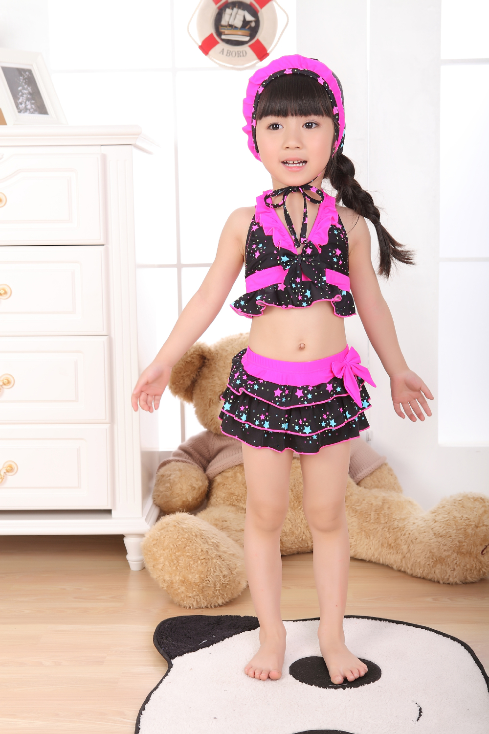 Free Shipping 2013 new girl swimsuit factory wholesale shell split girls with multicolored stars  cap Bust adjustable lacing
